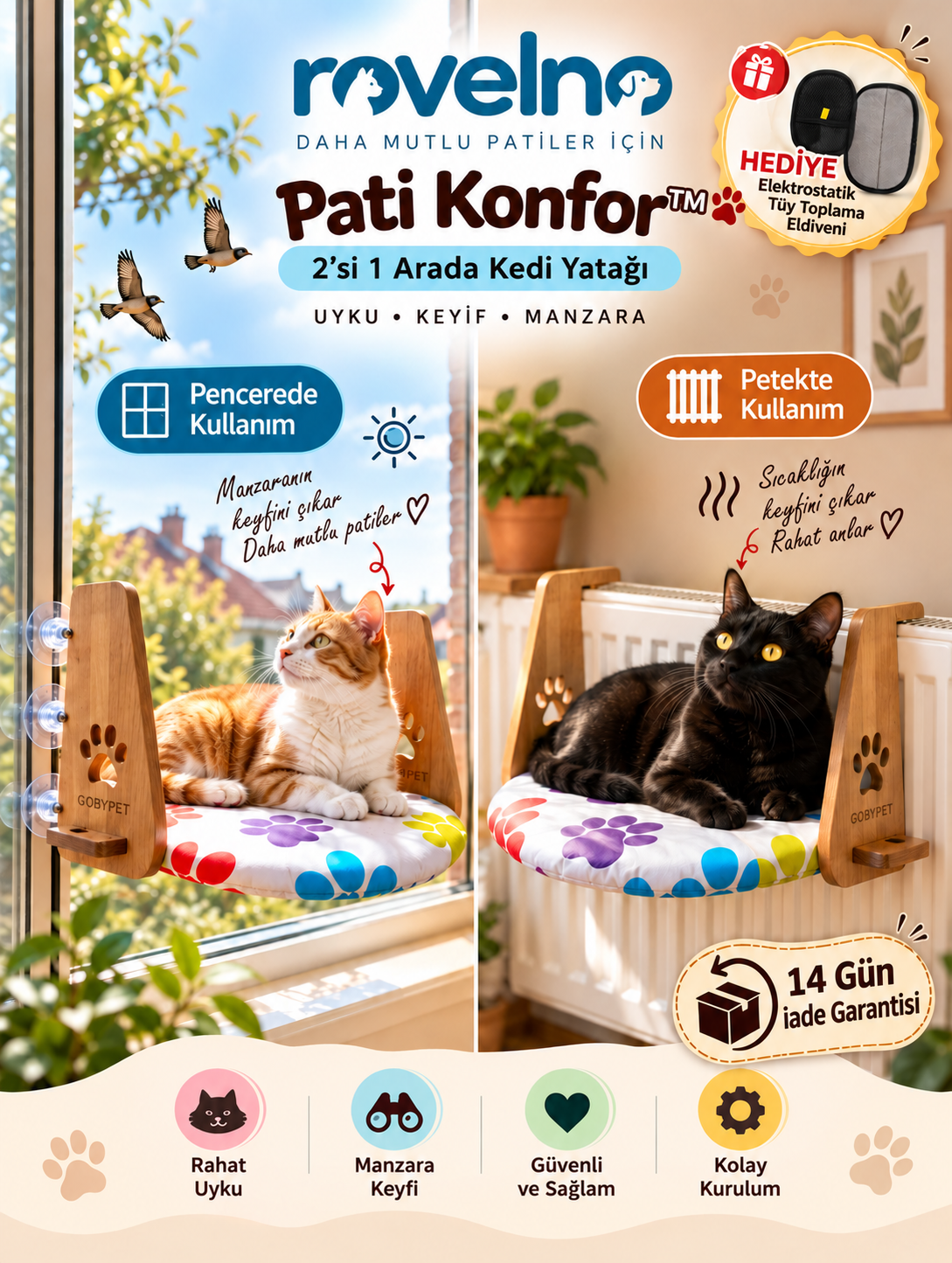 Rovelno Pati Konfor™ | 2’si 1 Arada Kedi Yatağı